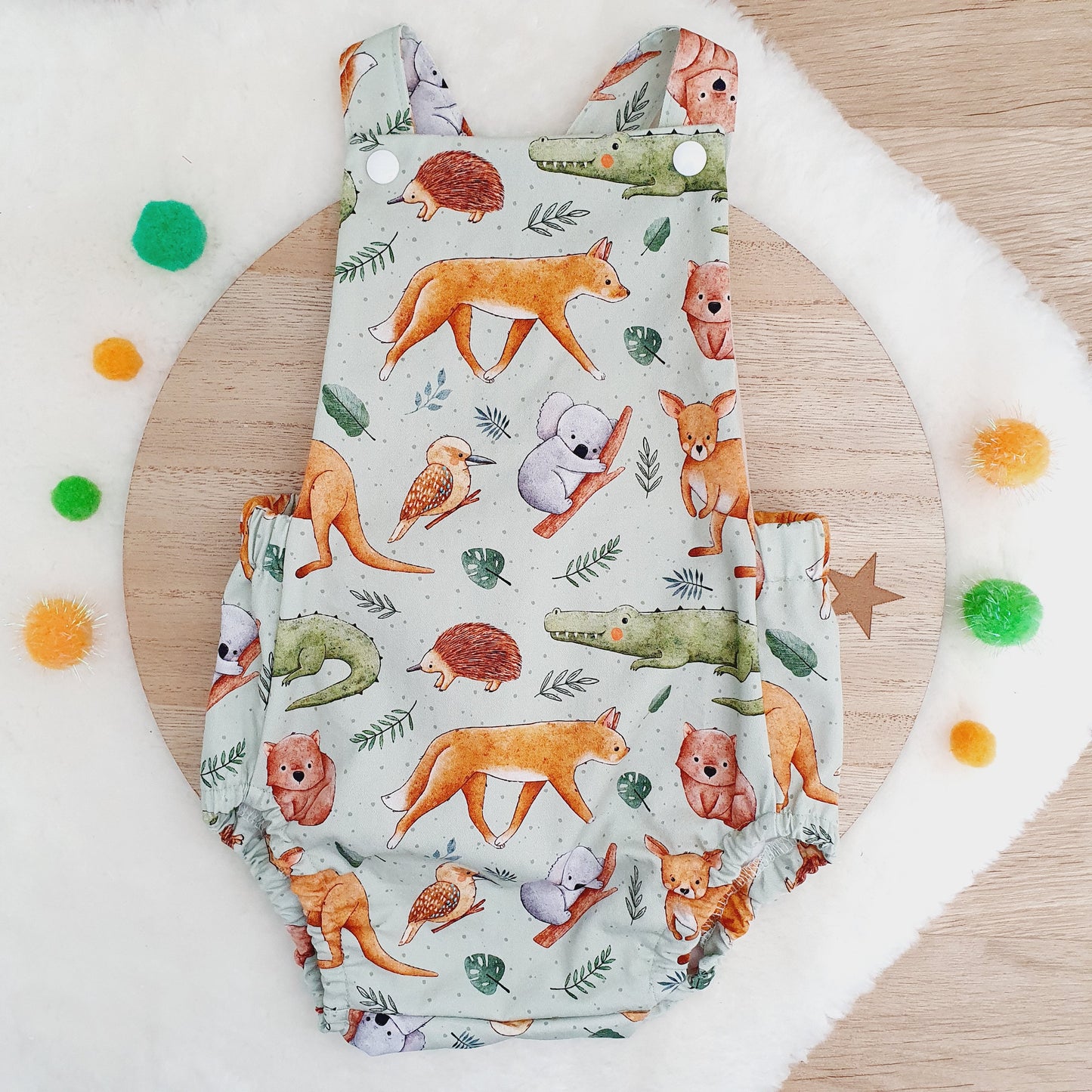 AUSTRALIAN ANIMALS print Baby Romper, Size 0