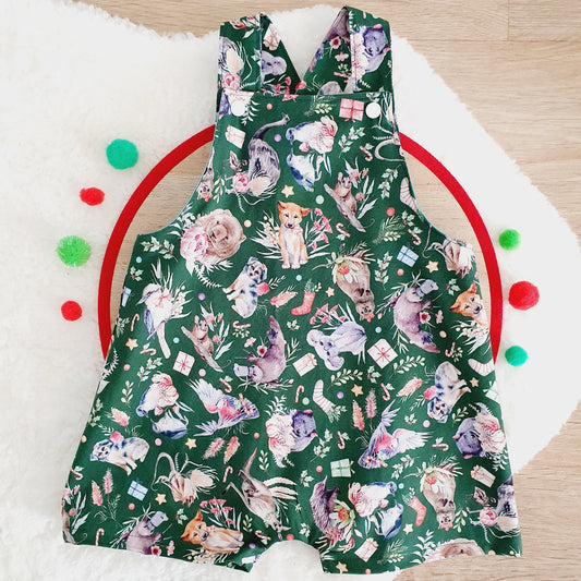 CHRISTMAS AUSSIE ANIMALS Overalls, Baby / Toddler Overalls, Short Leg Romper, Size 2