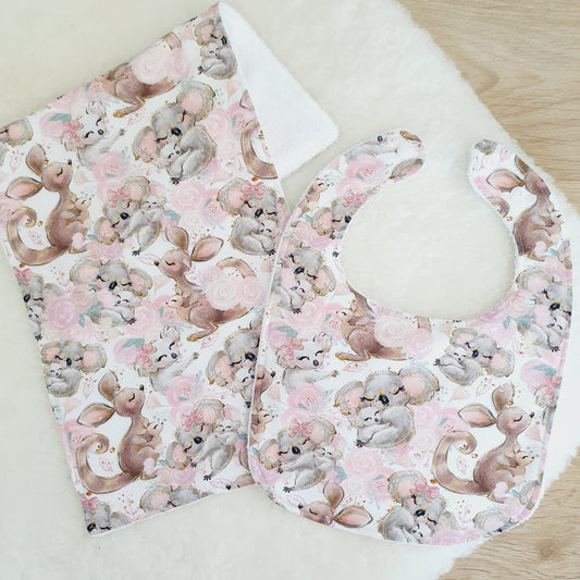 Kangaroo & Koala Joeys Baby Bib and Burp Cloth Gift Set, Baby Shower Gift, Newborn Gift