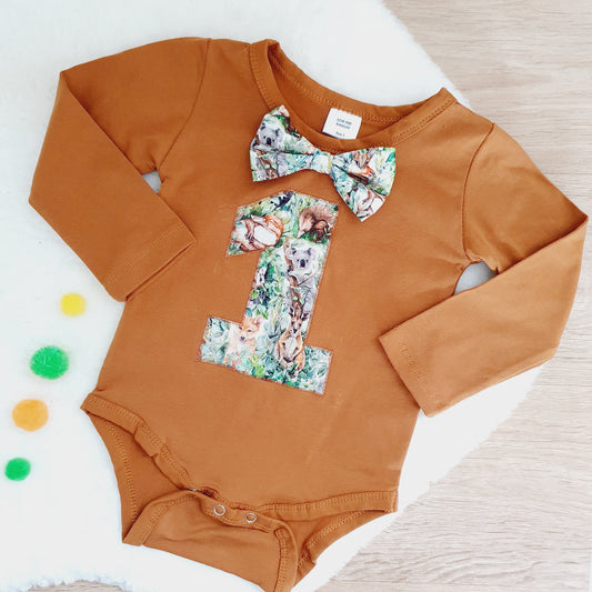 Boys 1st Birthday Long Sleeve Bodysuit, Size 1, Australian Animals