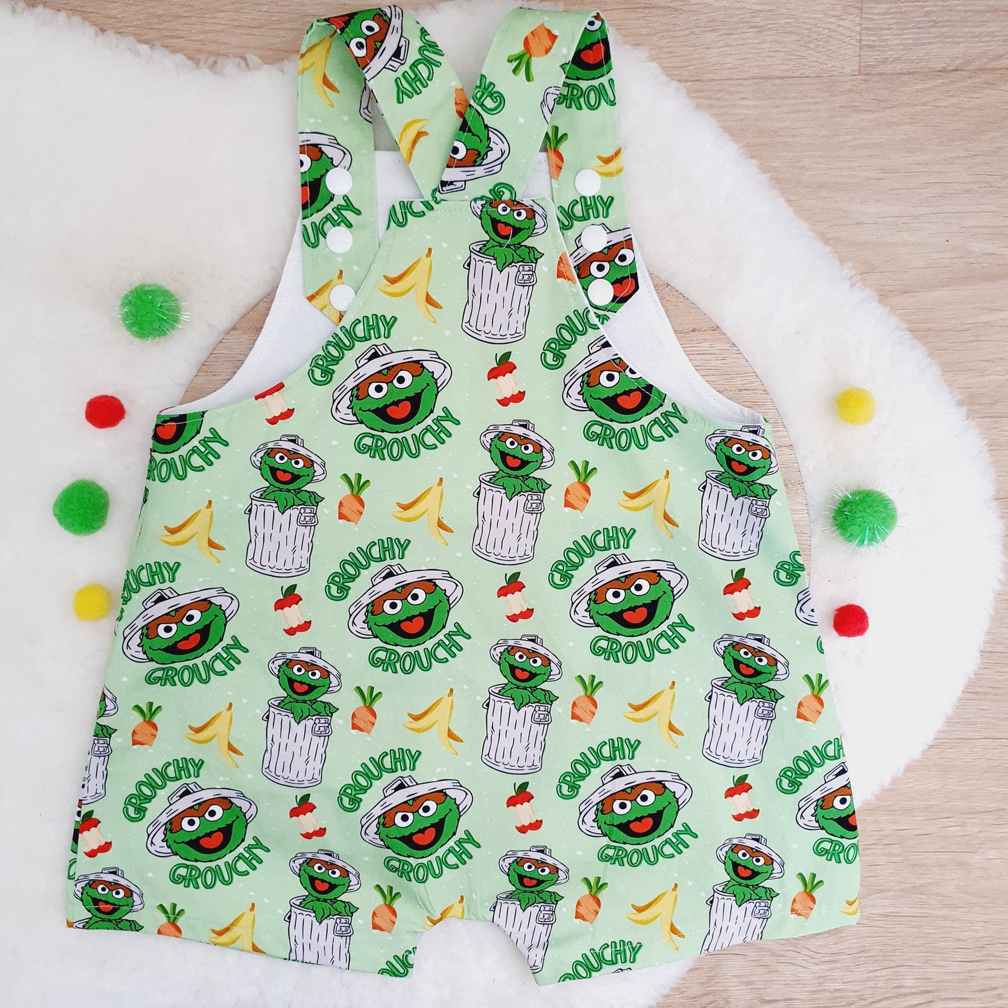 GROUCH print Overalls, Baby / Toddler Overalls, Short Leg Romper, Size 2