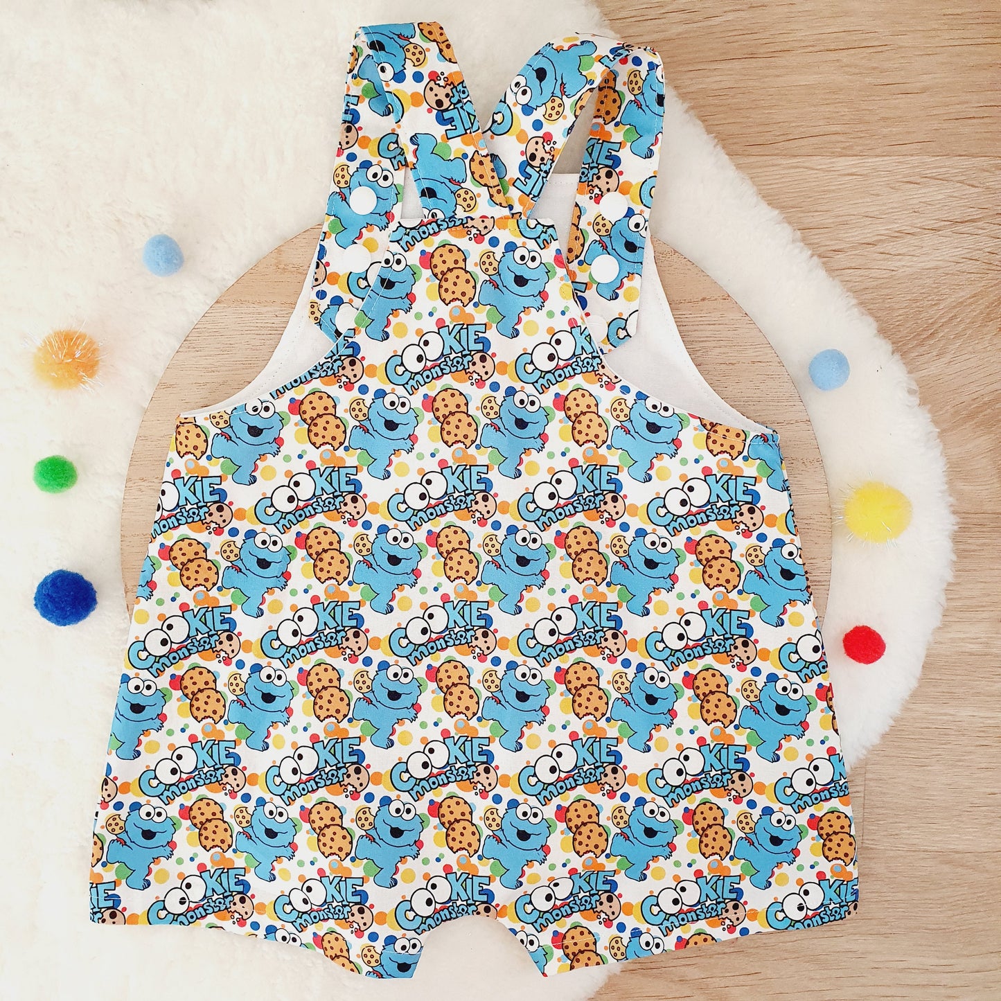 COOKIE MONSTER print Overalls, Baby Overalls, Short Leg Romper, Size 1