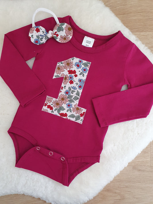 Girls 1st Birthday Long Sleeve Bodysuit &  Headband Set, Size 0