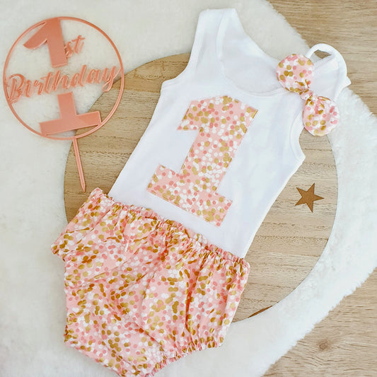 Rose / Gold Spots Girls 1st Birthday - Cake Smash Outfit, Size 0