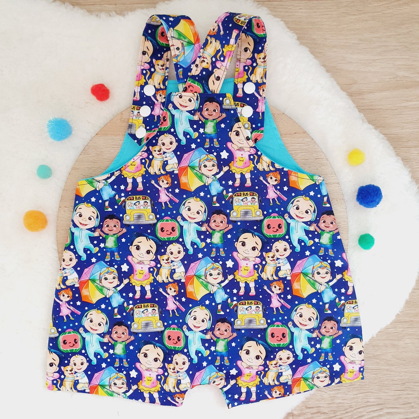 COCOMELON print Overalls, Baby Overalls, Short Leg Romper, Size 1