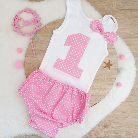 PINK AND WHITE SPOT Girls 1st Birthday / Cake Smash Outfit, Size 1