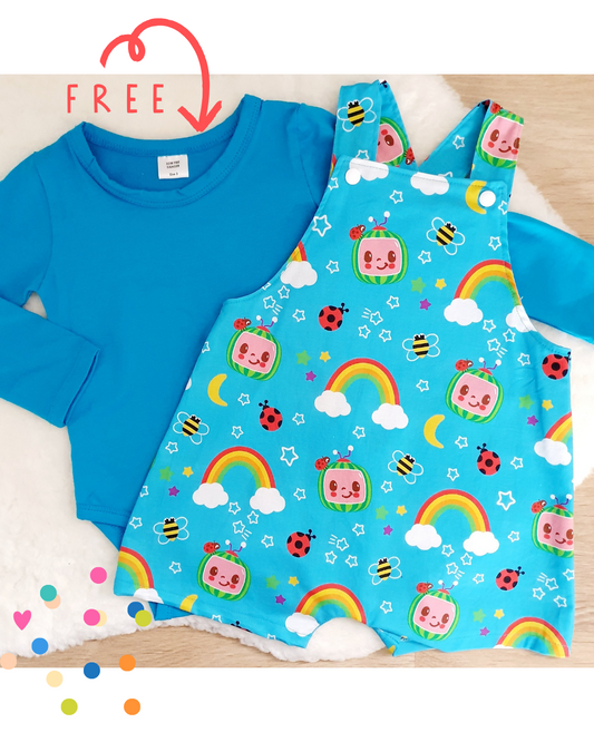 COCOMELON print Overalls, Size 2 with BONUS Long Sleeve Romper