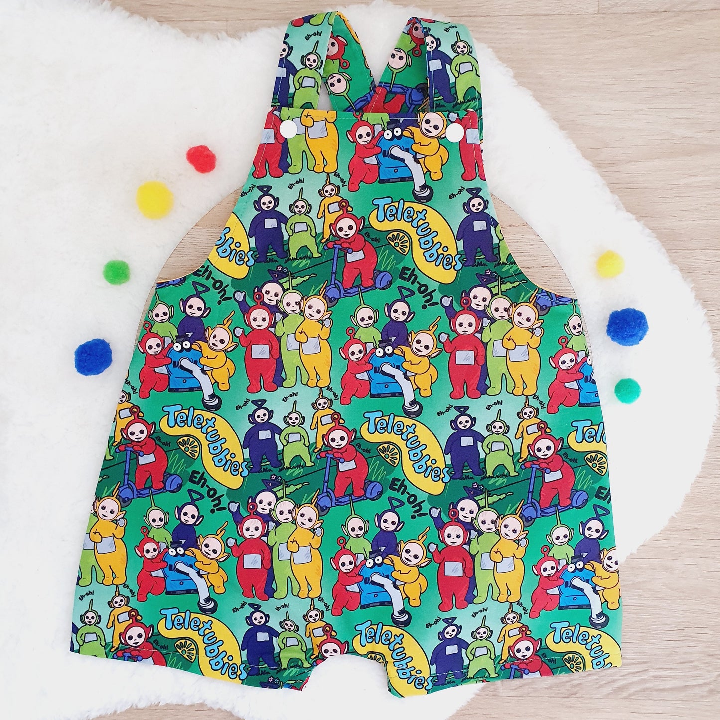 TUBBIES print Overalls, Baby / Toddler Overalls, Short Leg Romper, Size 2