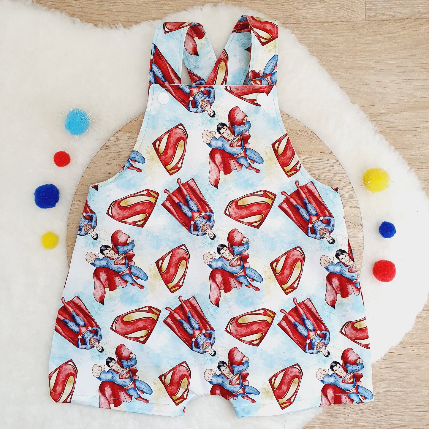 SUPERMAN print Overalls, Baby Overalls, Short Leg Romper, Size 1