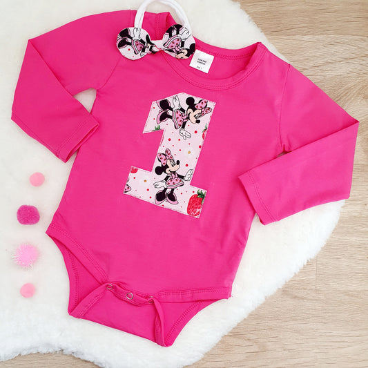 Girls 1st Birthday Long Sleeve Bodysuit & Headband Set, Size 1, Mouse print