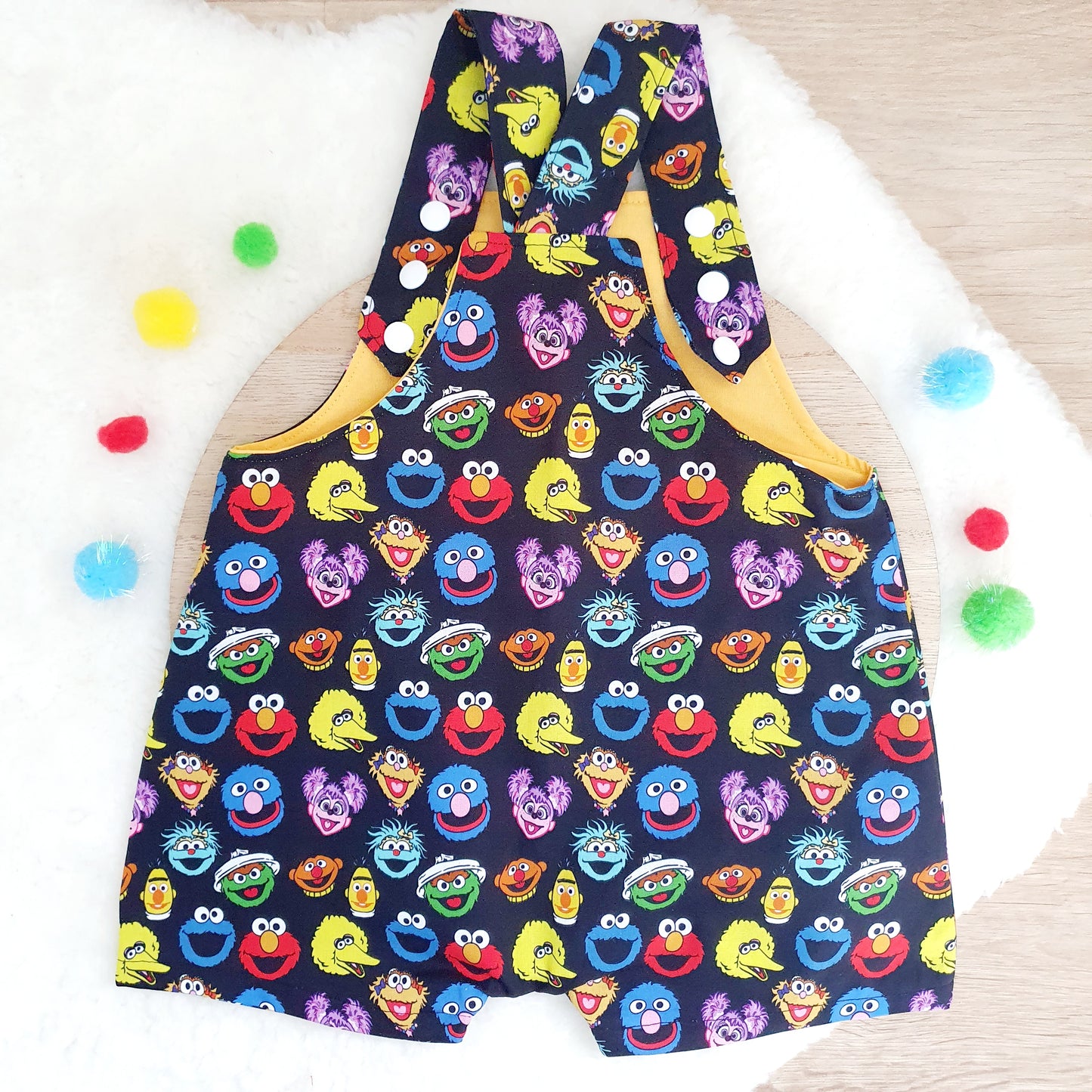 SESAME STREET print Overalls, Baby Overalls, Short Leg Romper, Size 1