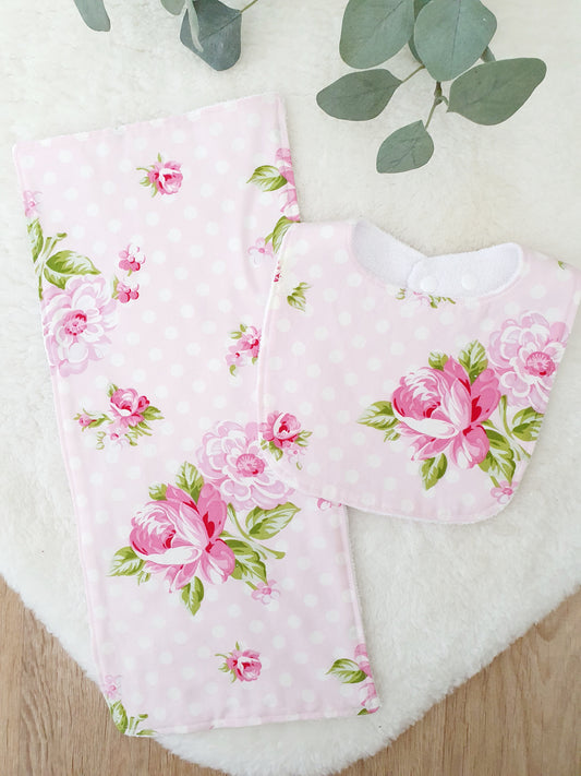Roses Baby Bib and Burp Cloth Gift Set, Baby Shower Gift, Newborn Baby Gift