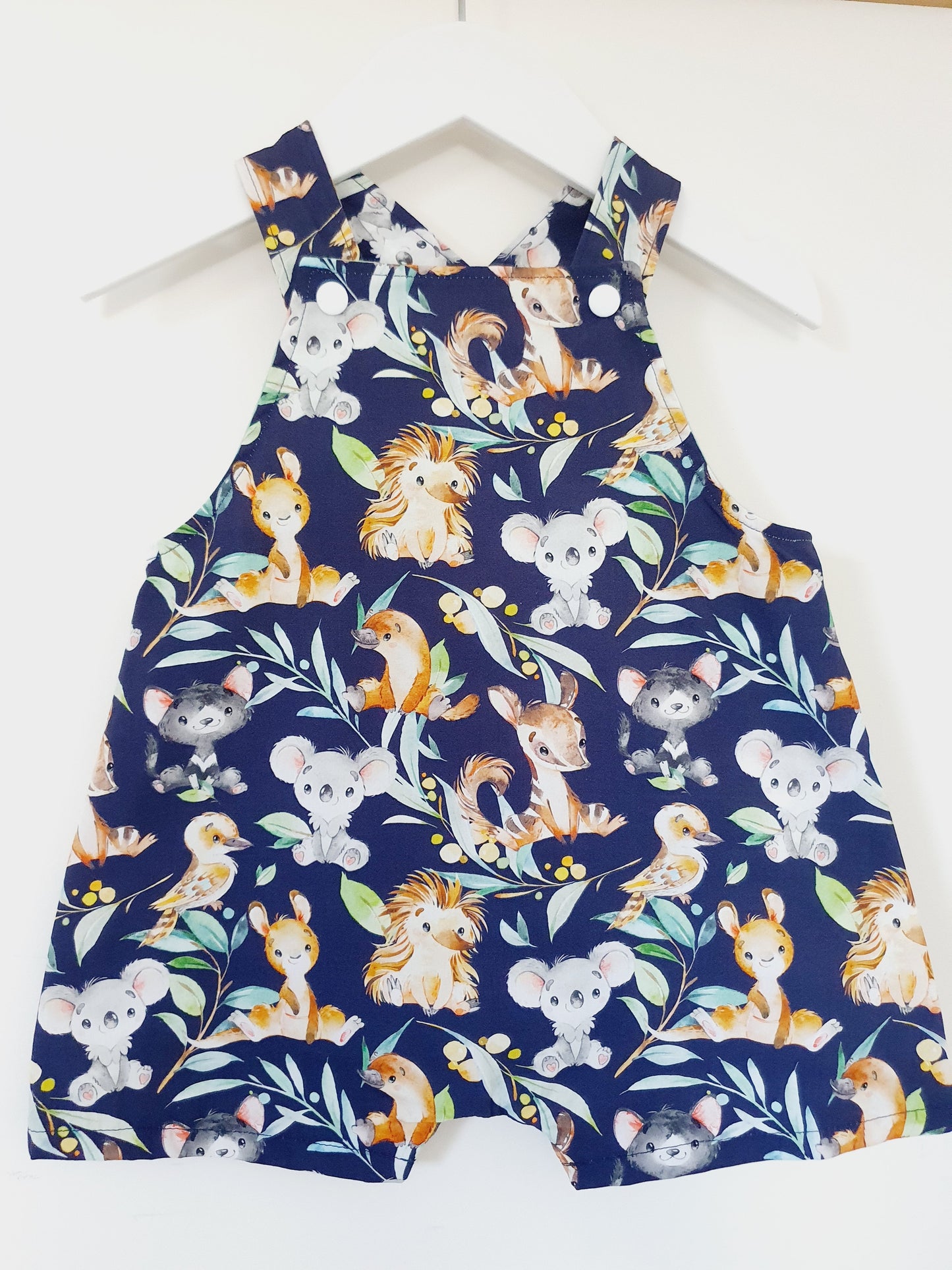 AUSSIE ANIMALS print Overalls, Baby Overalls, Short Leg Romper, Size 1