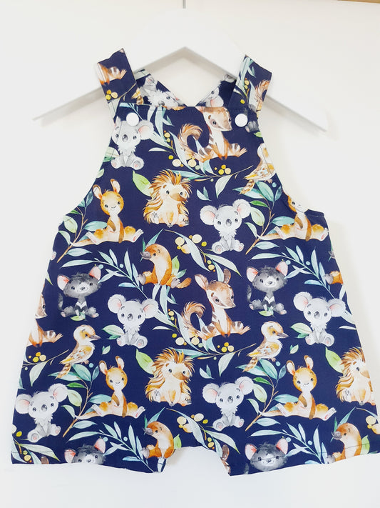 AUSSIE ANIMALS print Overalls, Baby Overalls, Short Leg Romper, Size 1