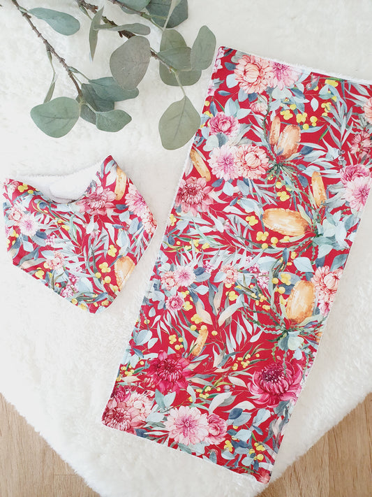 NATIVE FLORAL Baby Bib and Burp Cloth Gift Set, Baby Shower Gift, Newborn Gift, Australian Baby Gift