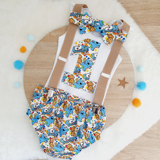 COOKIE MONSTER print Boys 1st Birthday Outfit, Size 0