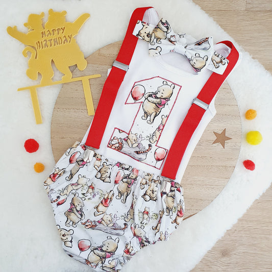POOH print Boys 1st Birthday Outfit, Size 0