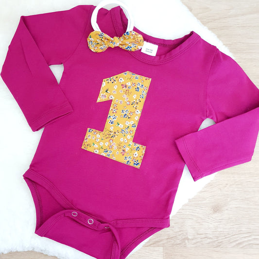 Girls 1st Birthday Long Sleeve Bodysuit & Headband Set, Size 1 - Ditsy Floral