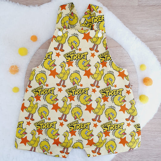BIG BIRD print Overalls, Baby Overalls, Short Leg Romper, Size 1