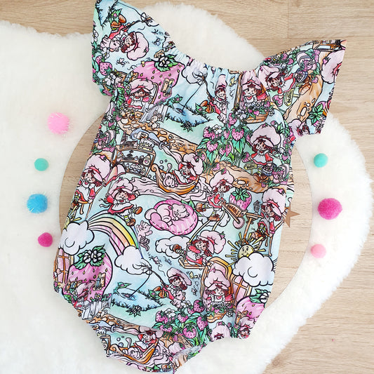 STRAWBERRY SHORTCAKE print Baby Girl Playsuit, Size 1, 1st Birthday / Cake Smash Outfit