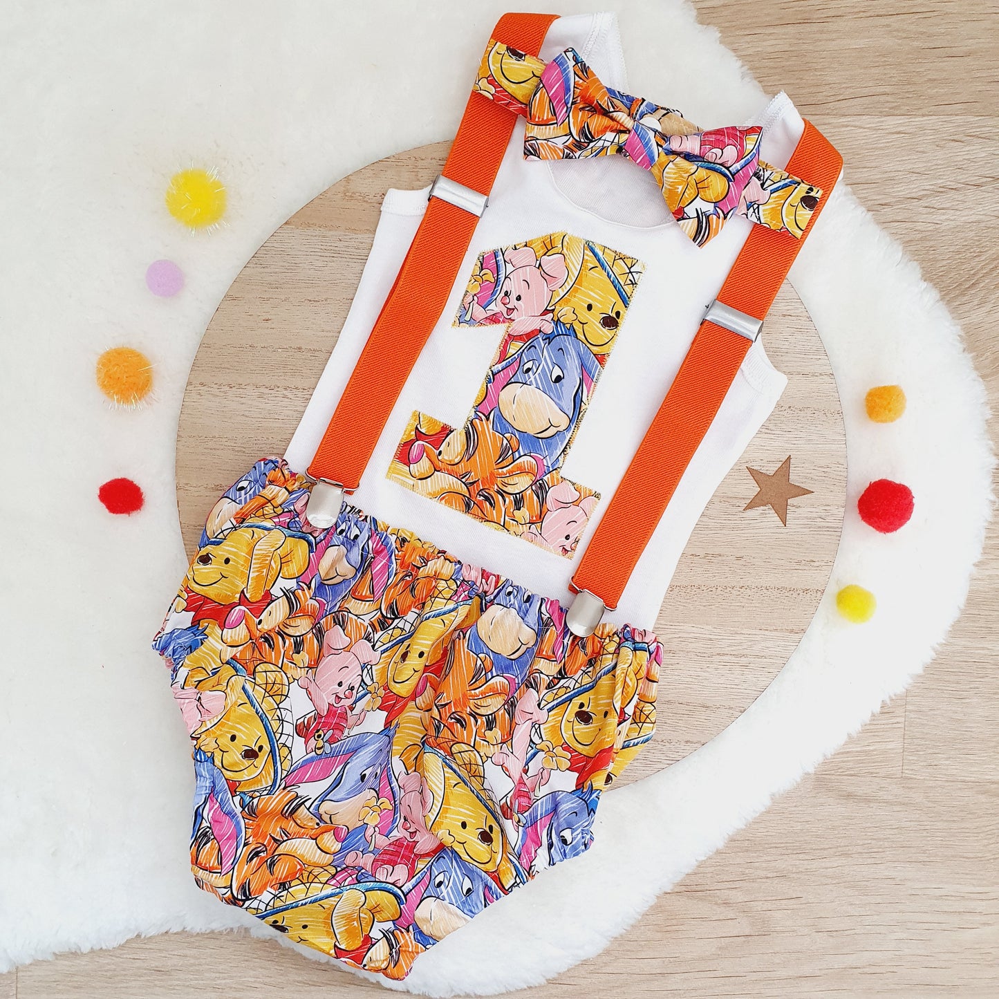 POOH print Boys 1st Birthday Outfit, Size 1