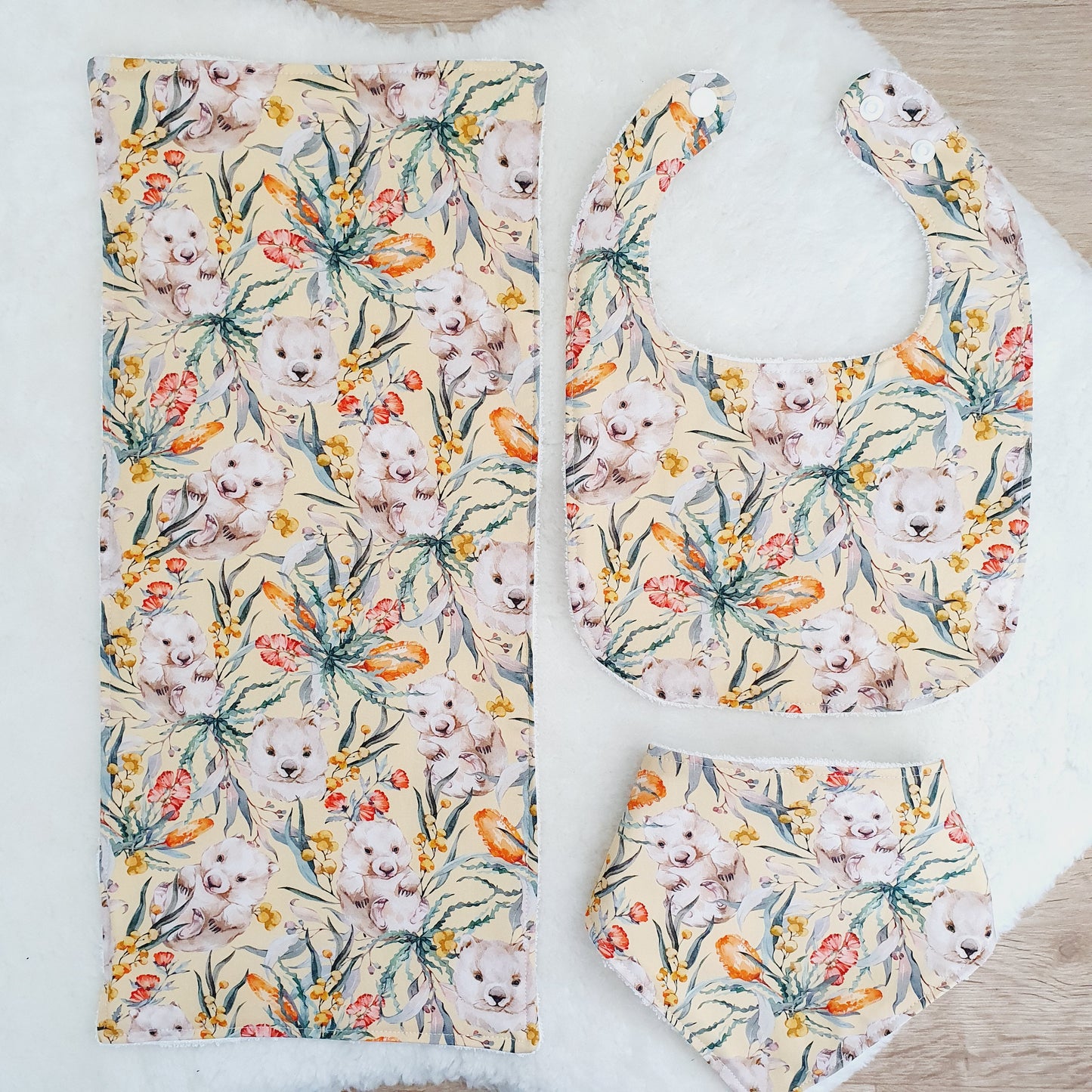 WOMBAT Baby Bibs and Burp Cloth Gift Set, Baby Shower Gift, Newborn Gift, Australian Baby Gift