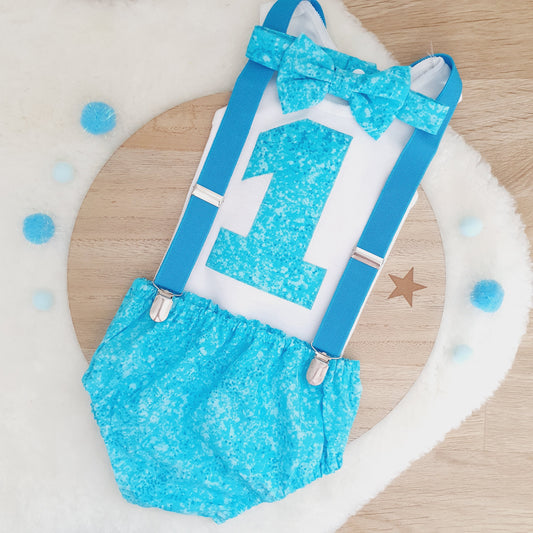 Aqua Speckle, Blue Boys 1st Birthday Outfit, Size 0