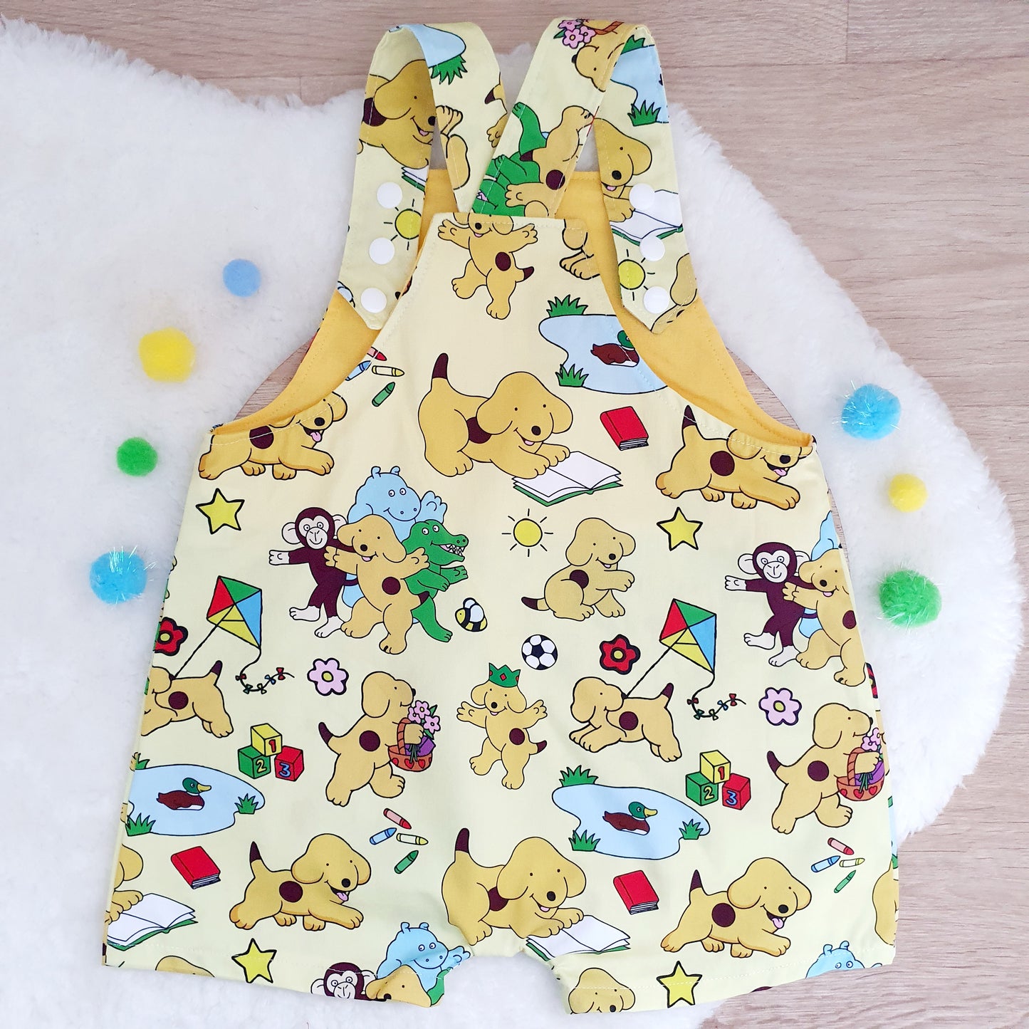 SPOT ON YELLOW print Overalls, Baby / Toddler Overalls, Short Leg Romper, Size 2