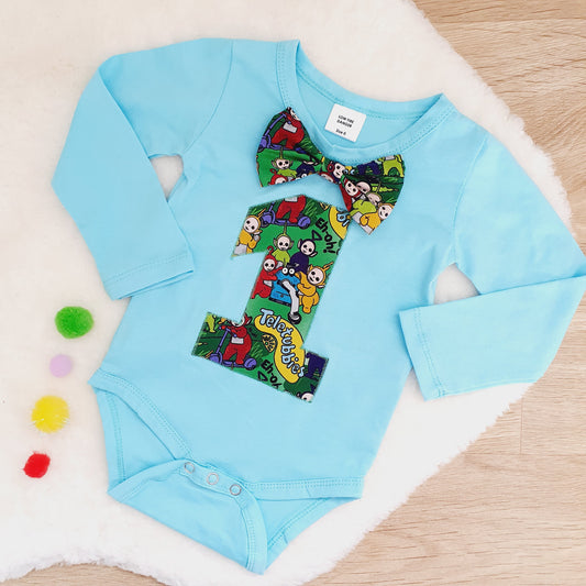 Boys 1st Birthday Long Sleeve Bodysuit, Size 0, Tubbies print