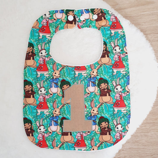 PETER RABBIT print 1st Birthday Bib, Handmade Baby Bib, Large Feeding Bib