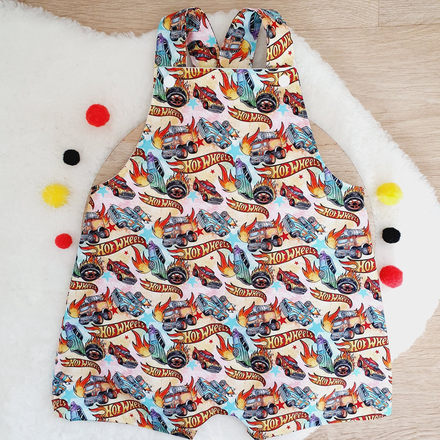 HOT WHEELS print Overalls, Baby / Toddler Overalls, Short Leg Romper, Size 2