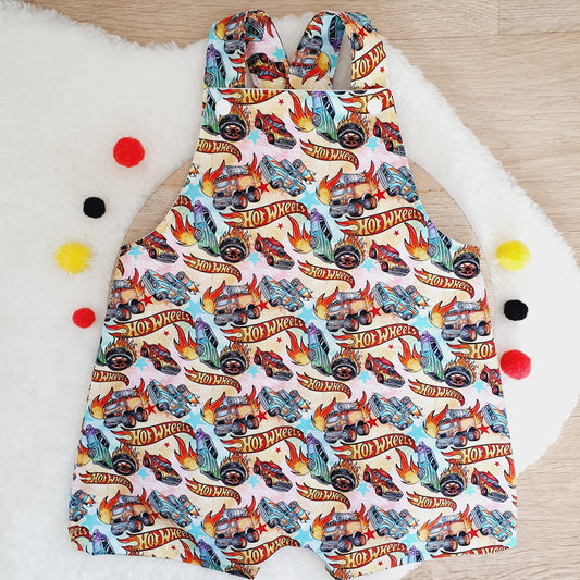 HOT WHEELS print Overalls, Baby / Toddler Overalls, Short Leg Romper, Size 2
