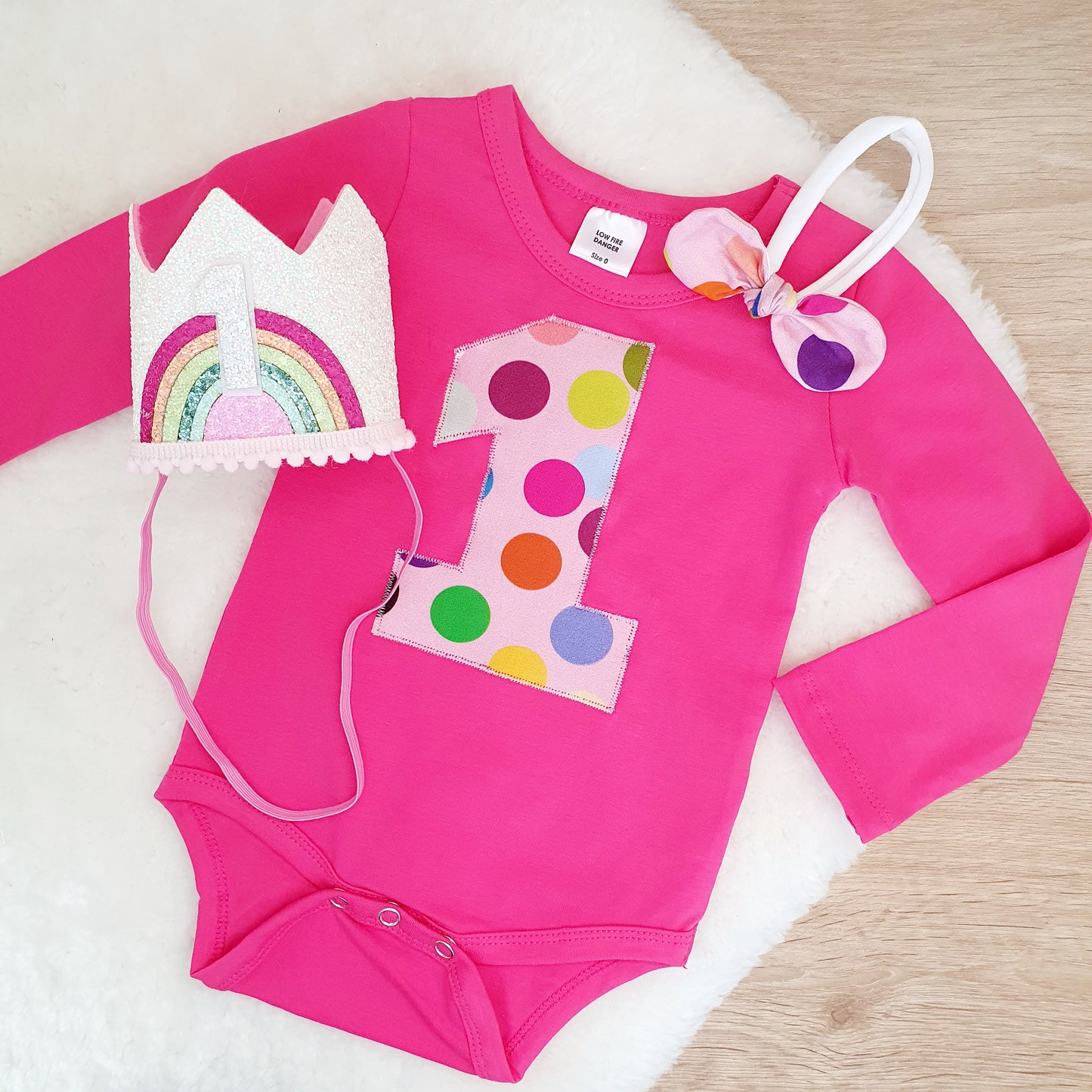 *SALE* Girls 1st Birthday Long Sleeve Bodysuit, Crown & Headband Set, Size 0