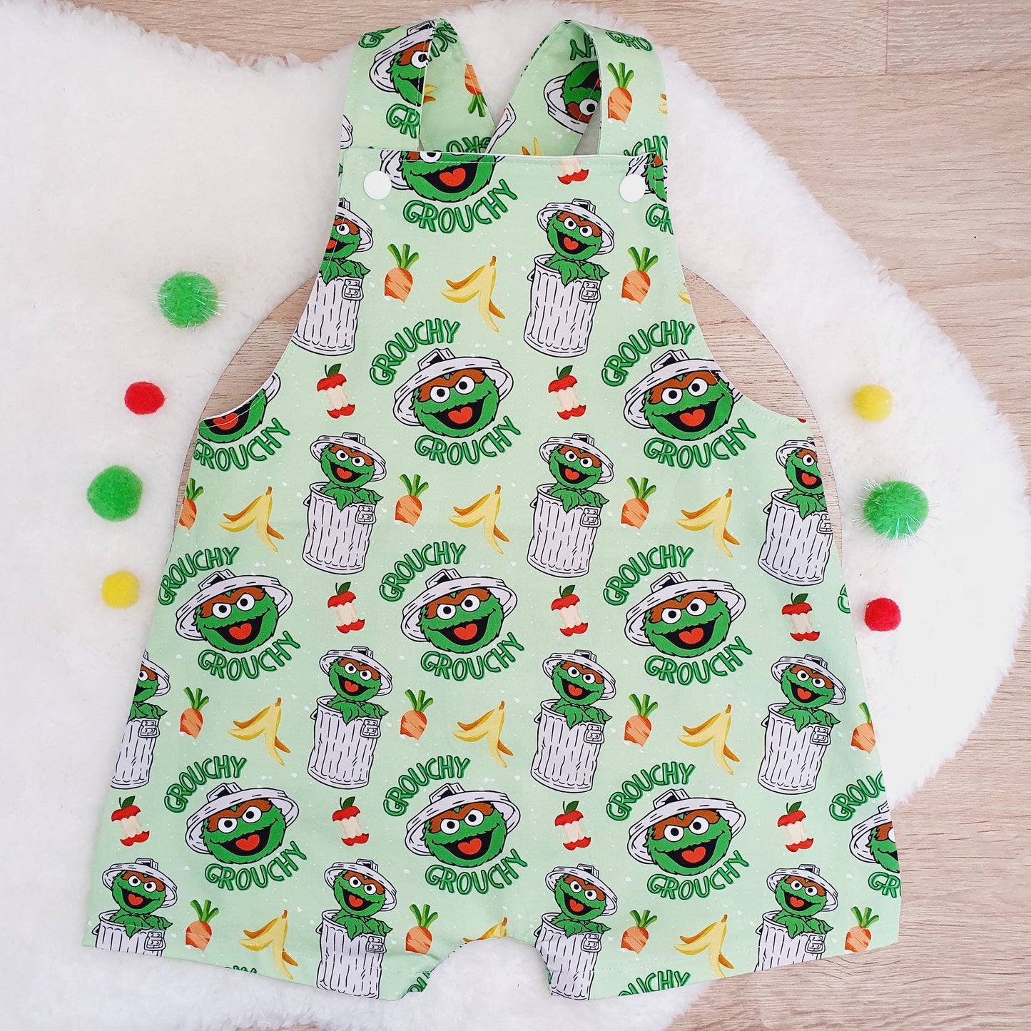 GROUCH print Overalls, Baby / Toddler Overalls, Short Leg Romper, Size 2