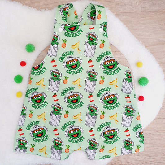 GROUCH print Overalls, Baby / Toddler Overalls, Short Leg Romper, Size 2