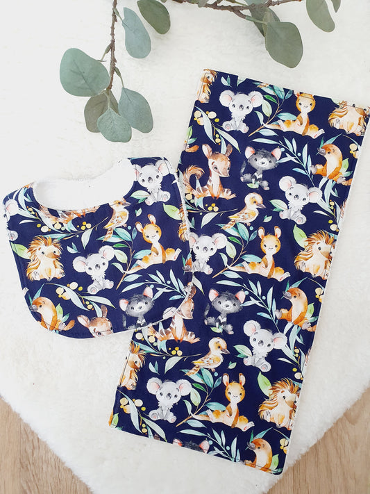 Aussie Animals Baby Bib and Burp Cloth Gift Set, Baby Shower Gift, Newborn Gift, Australian Baby Gift