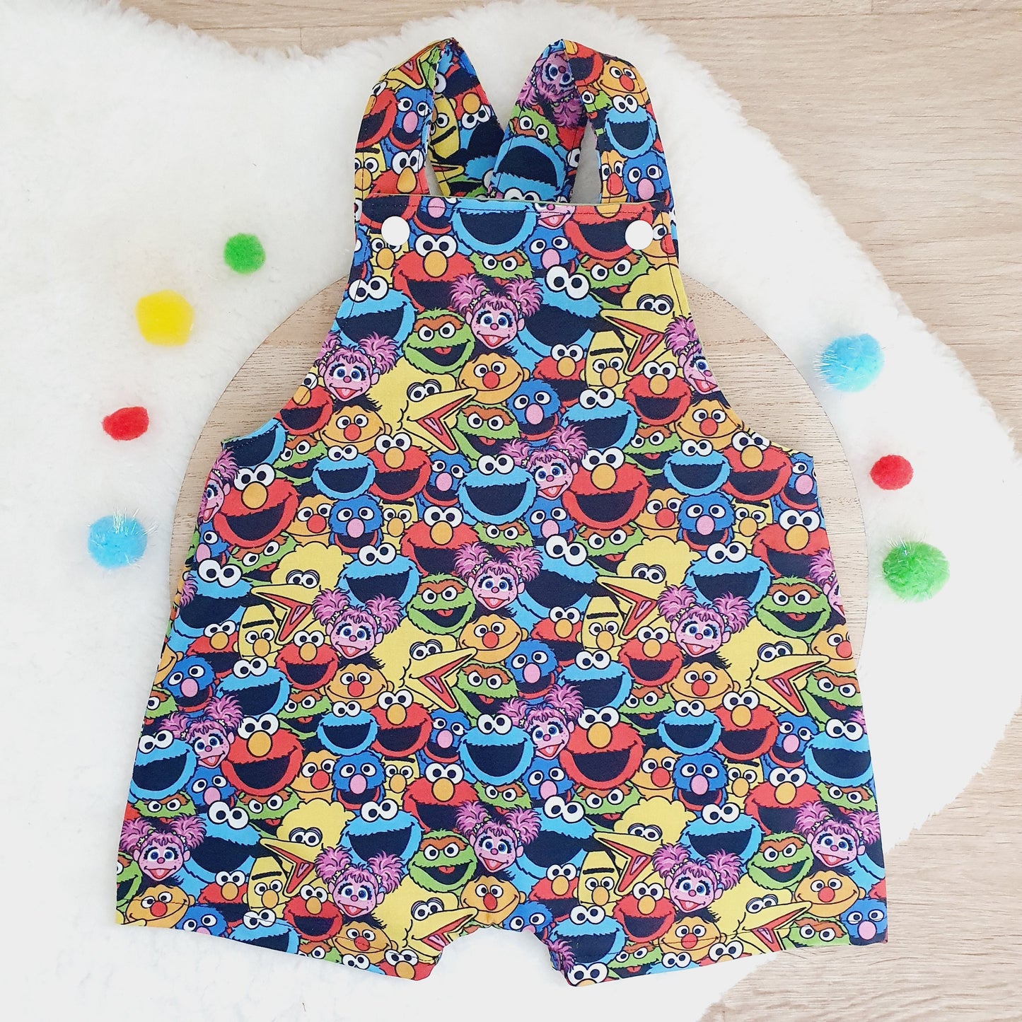 SESAME STREET print Overalls, Baby Overalls, Short Leg Romper, Size 1