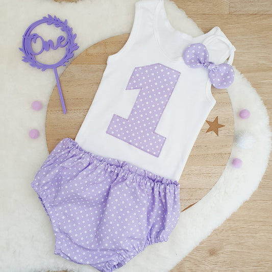 PURPLE AND WHITE SPOT Girls 1st Birthday / Cake Smash Outfit, Size 1