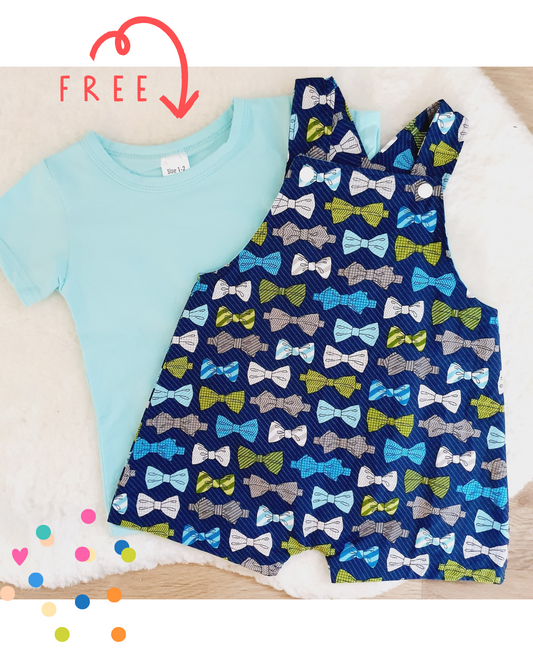 BOW TIES print Overalls, Size 1 with BONUS Short Sleeve Top