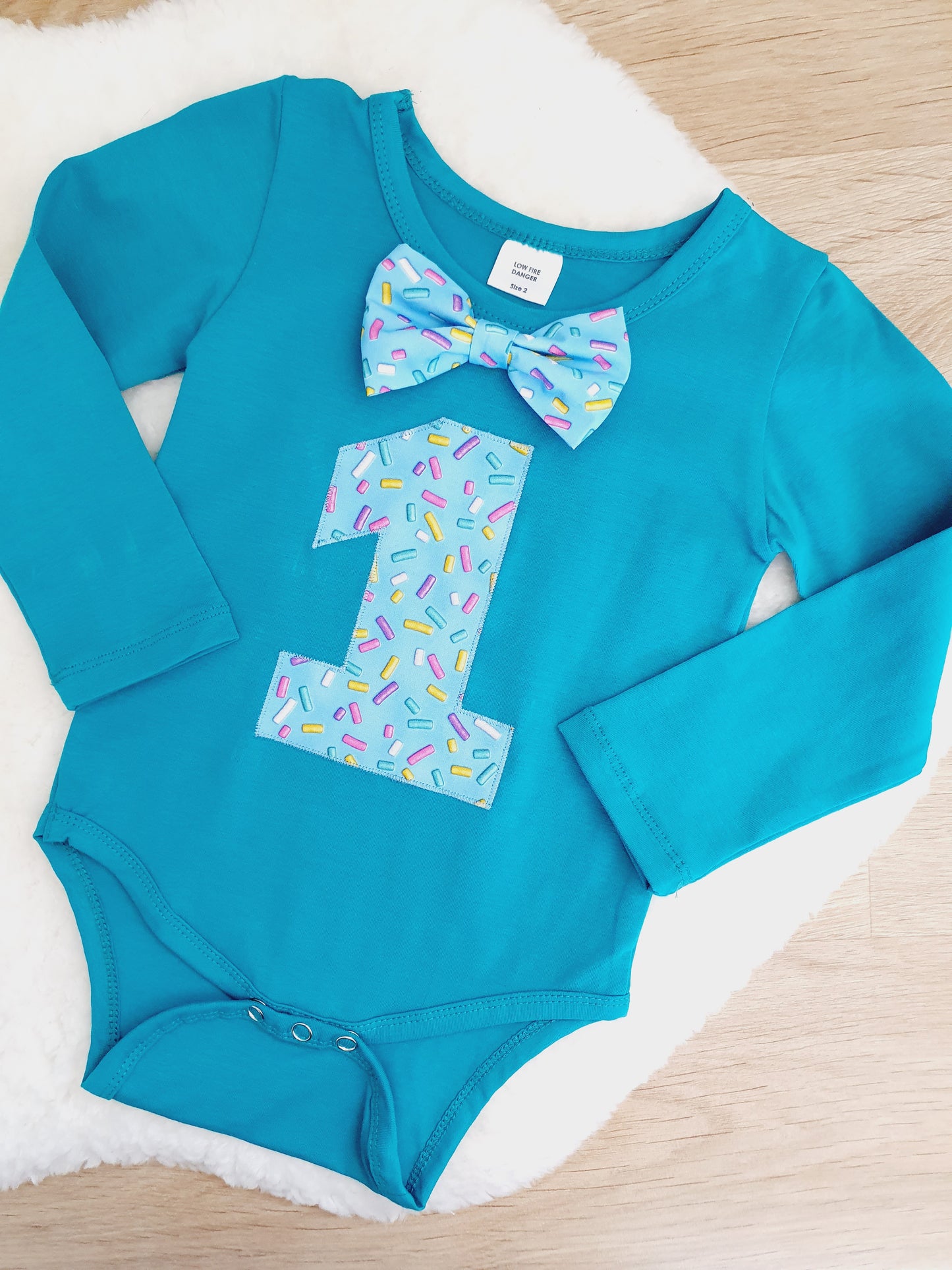 Boys 1st Birthday Teal Long Sleeve Bodysuit, Size 2, Sprinkles print