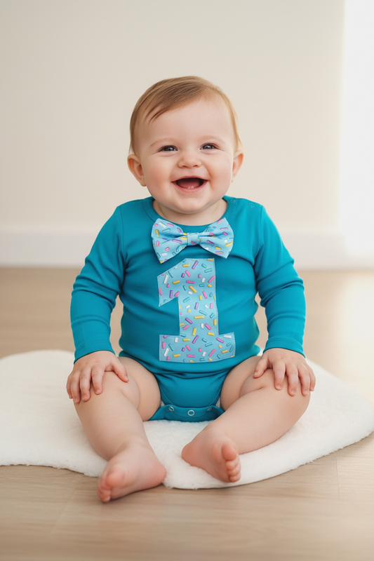 Boys 1st Birthday Teal Long Sleeve Bodysuit, Size 2, Sprinkles print