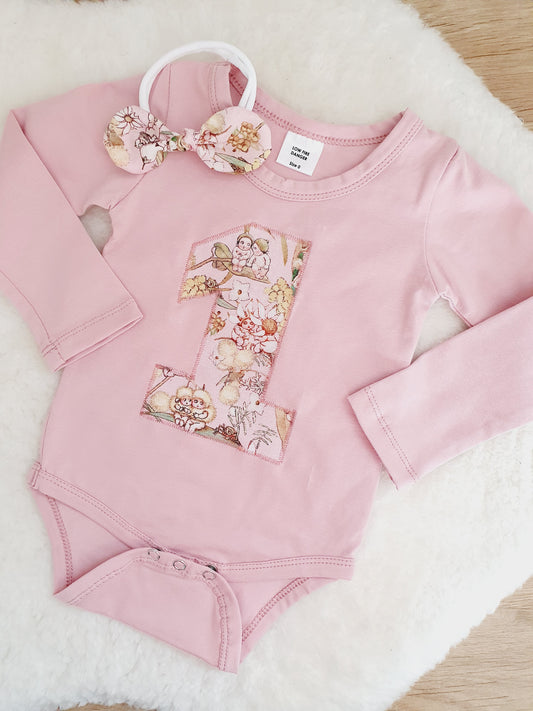 Girls 1st Birthday Long Sleeve Bodysuit &  Headband Set, Size 0 - GUMNUT BABIES