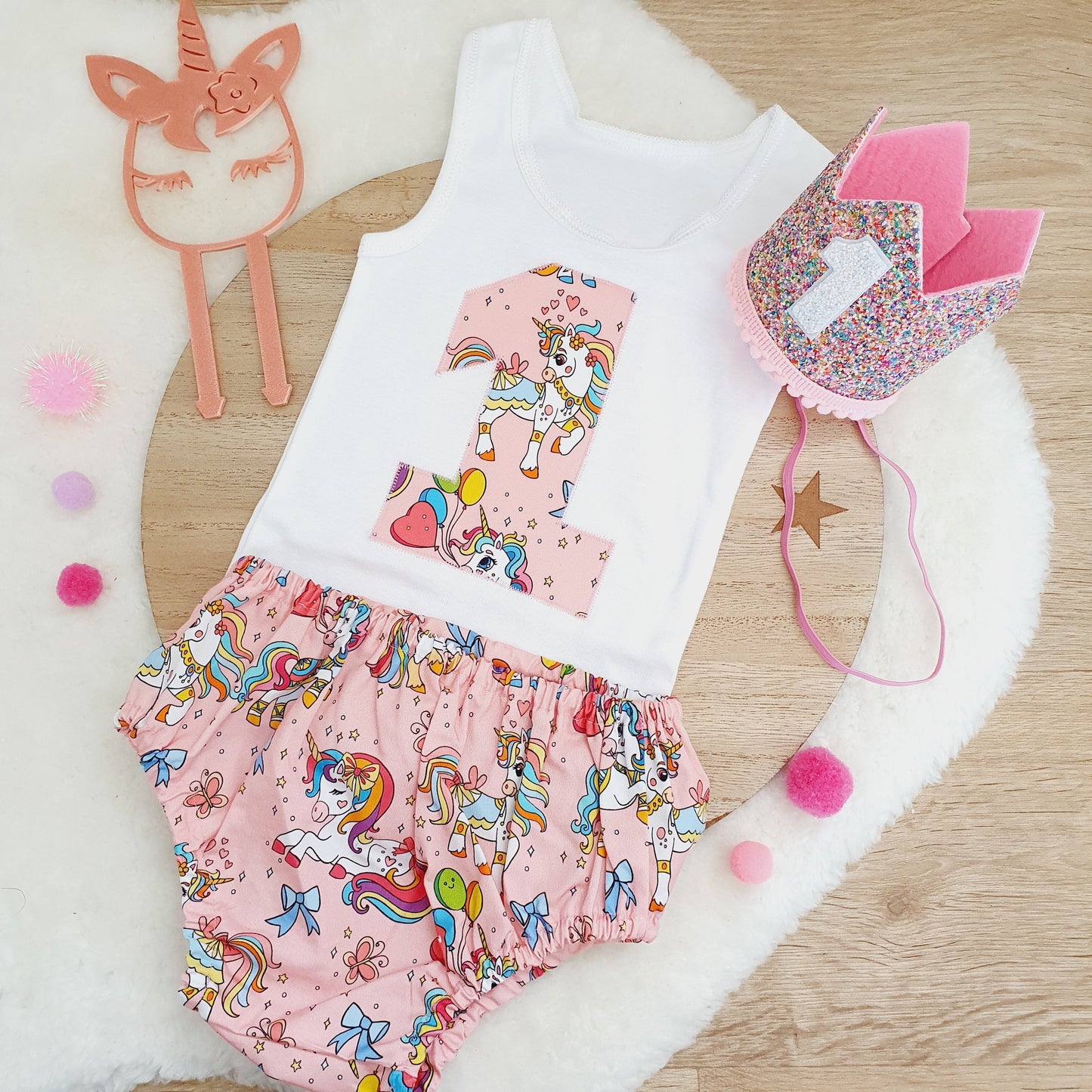Rainbow Unicorn Girls Cake Smash / 1st Birthday Outfit, Girls First Birthday, Size 0
