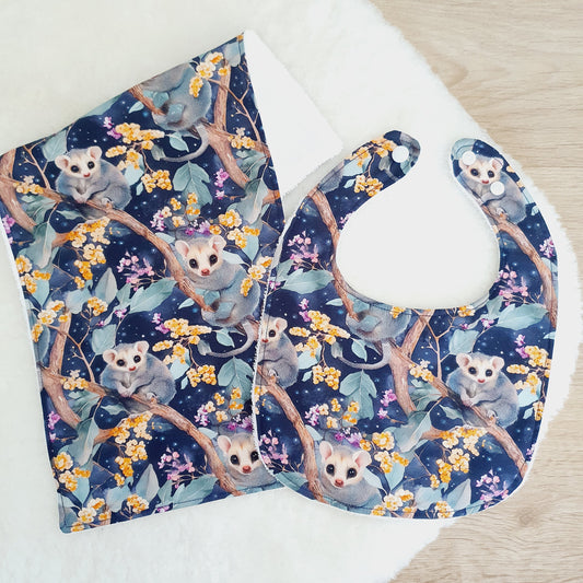 Possum Baby Bib and Burp Cloth Gift Set, Baby Shower Gift, Newborn Gift