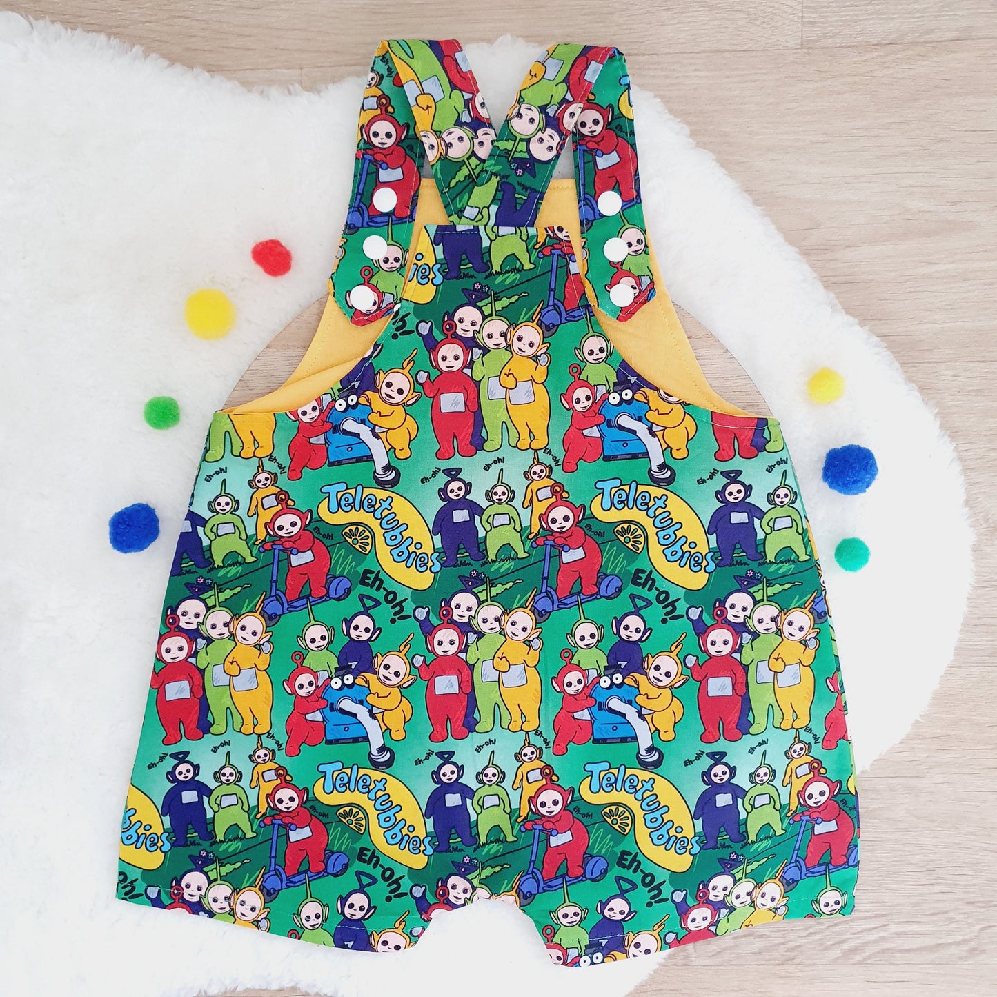 TUBBIES print Overalls, Baby / Toddler Overalls, Short Leg Romper, Size 2