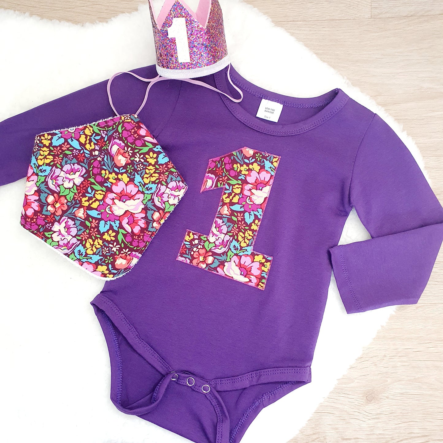 *SALE* Floral Short Sleeve 1st Birthday Bodysuit, Bib and Crown Set, Size 1