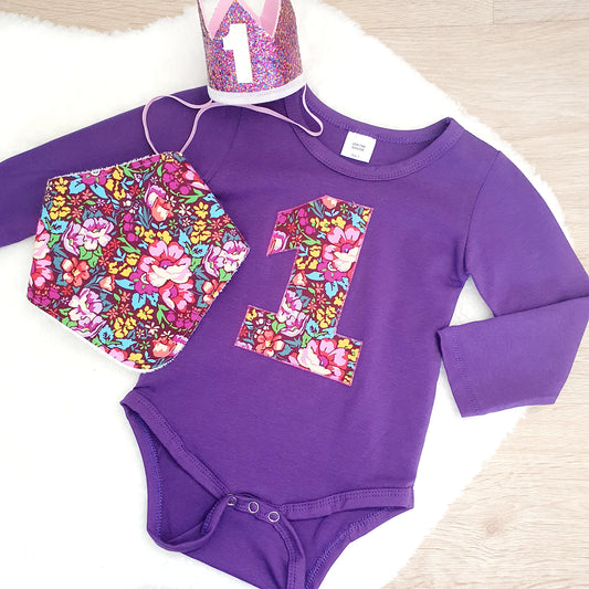 *SALE* Floral Short Sleeve 1st Birthday Bodysuit, Bib and Crown Set, Size 1