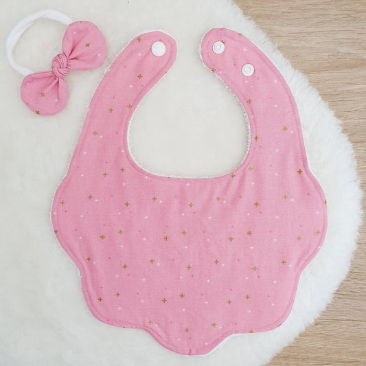 Rose Sparkler Handmade Scalloped Baby Bib and Headband Set