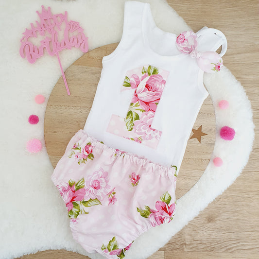 Roses Girls 1st Birthday / Cake Smash Outfit, Size 1