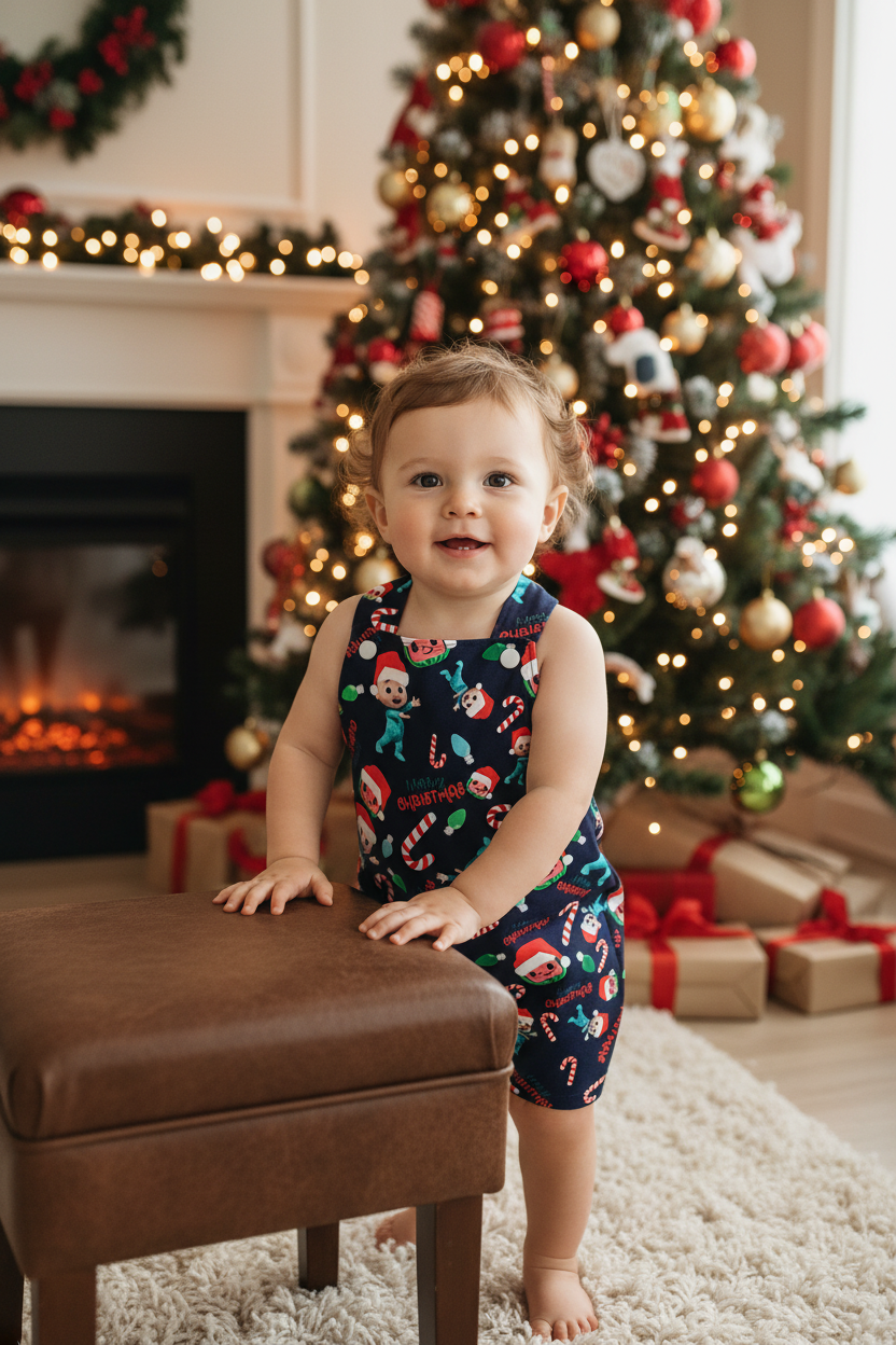 Baby / Toddler Overalls, Short Leg Romper, Size 1 - Christmas